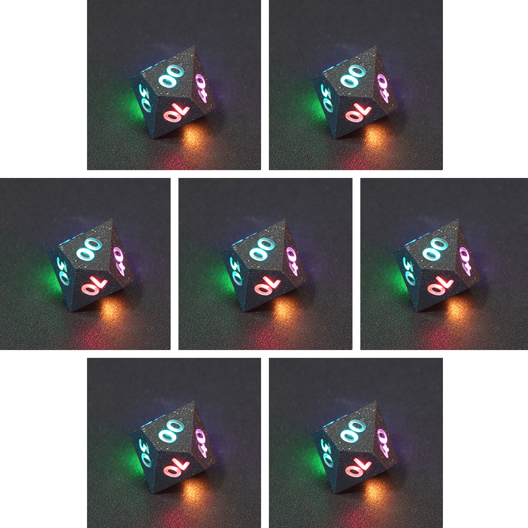 Collage of 7 lit Hematite Grey D00 with a rainbow of colors across each face. Hematite Grey colorway is a fully opaque medium tone silver resin packed with rainbow glitter of various sizes. The numbers or symbols are painted pale white.
