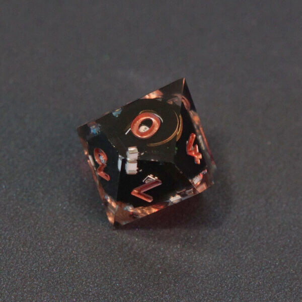 Collage of 7 lit Clear D10 with a rainbow of colors across each face. Clear colorway is fully transparent resin allowing internal circuit board to be visible. The numbers or symbols are painted metallic copper.