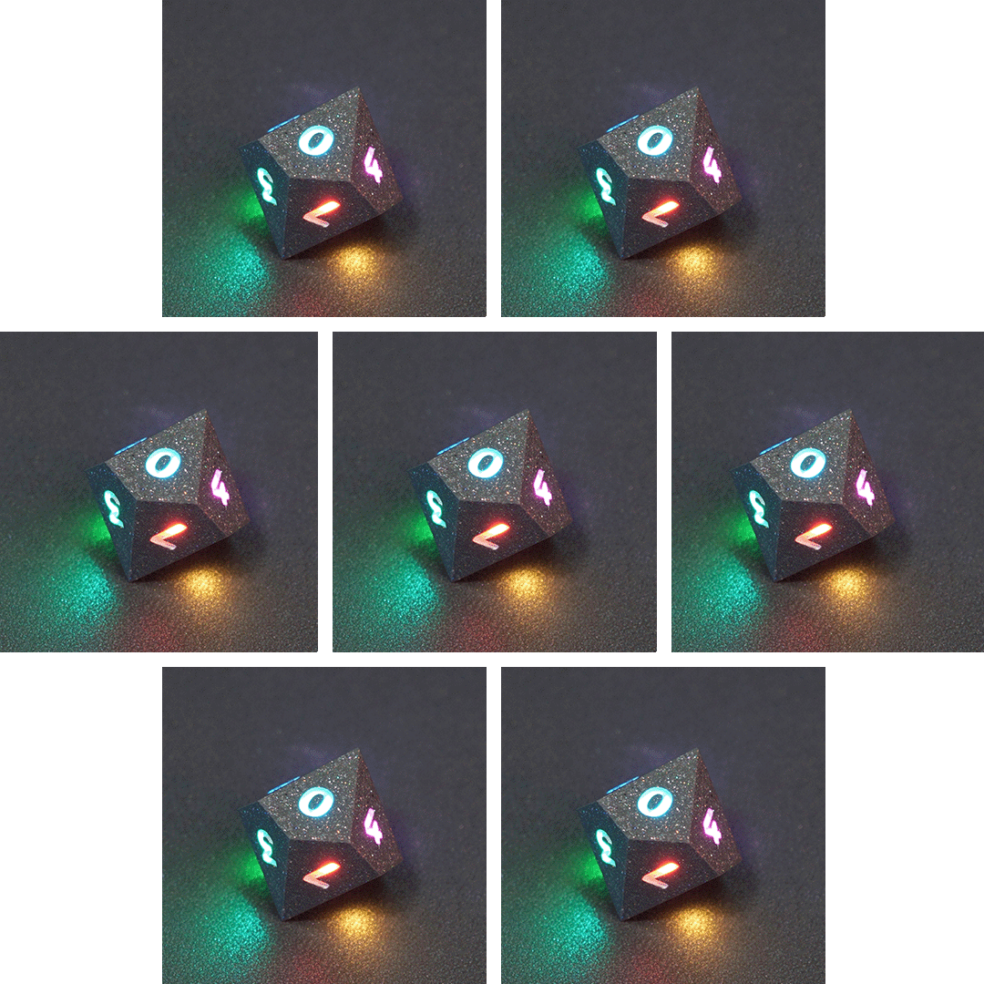 Collage of 7 lit Hematite Grey D10 with a rainbow of colors across each face. Hematite Grey colorway is a fully opaque medium tone silver resin packed with rainbow glitter of various sizes. The numbers or symbols are painted pale white.