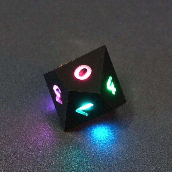 Collage of 7 lit Onyx Black D10 with a rainbow of colors across each face. Onyx Black colorway is a fully opaque black with no glitter, creating an almost matte style. The numbers or symbols are pale white.