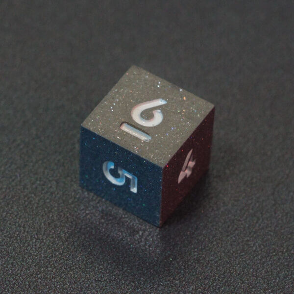 Collage of 7 lit Hematite Grey D6 with a rainbow of colors across each face. Hematite Grey colorway is a fully opaque medium tone silver resin packed with rainbow glitter of various sizes. The numbers or symbols are painted pale white.