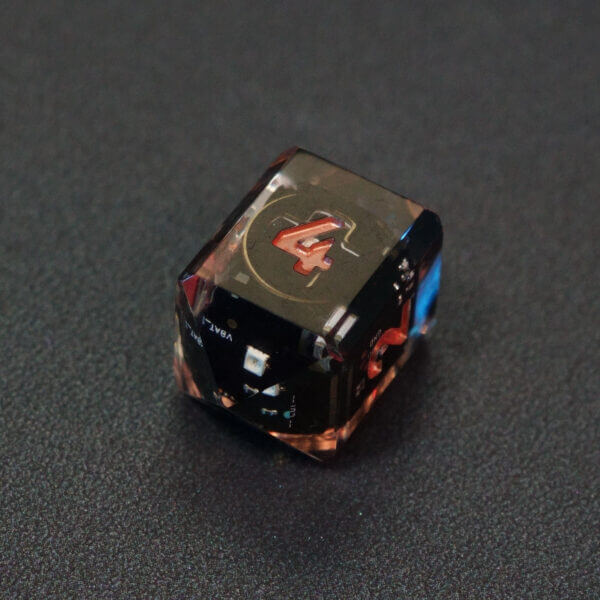 Collage of 7 lit Clear D4 in a crystal shape with a rainbow of colors across each face. Clear colorway is fully transparent resin allowing internal circuit board to be visible. The numbers or symbols are painted metallic copper.