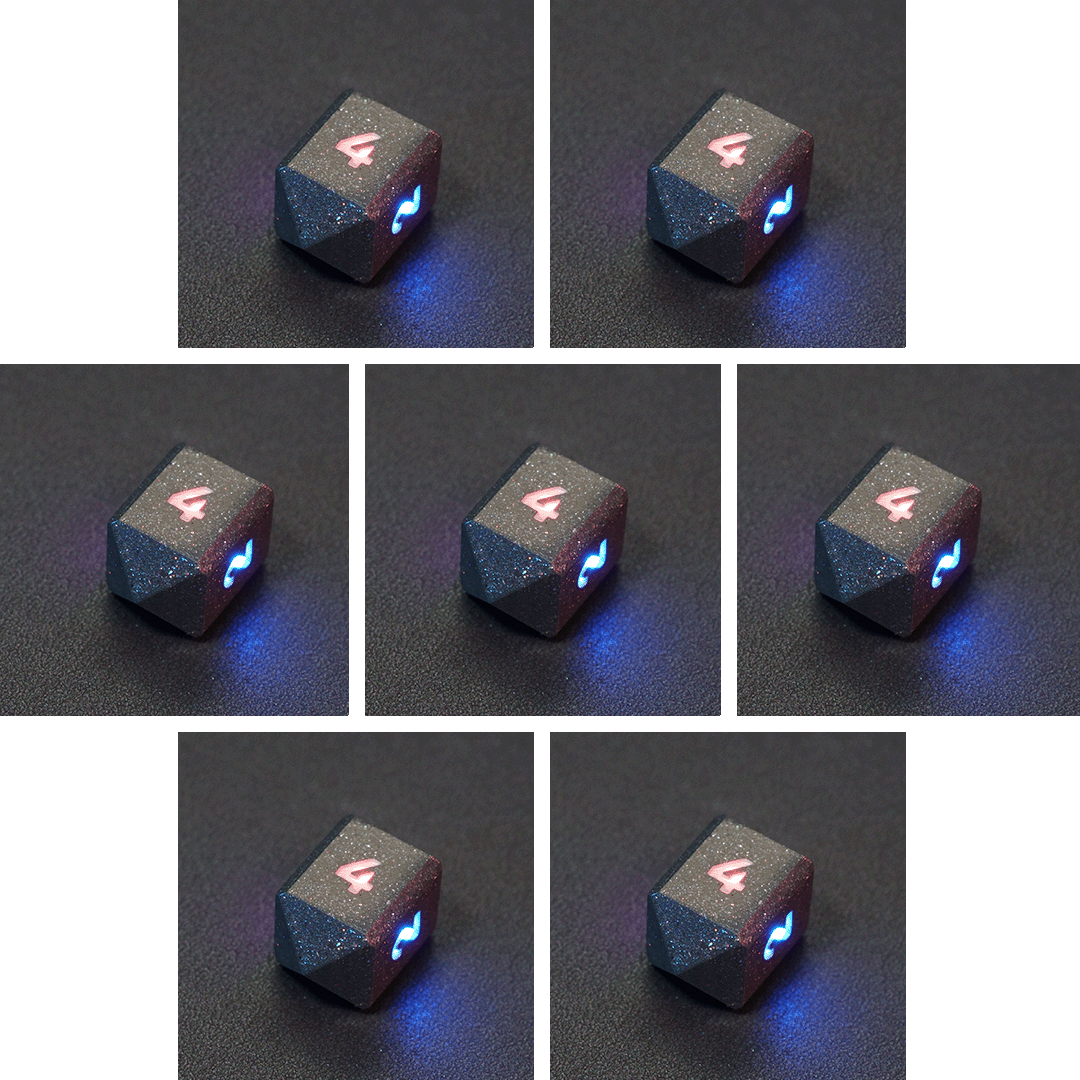 Collage of 7 lit Hematite Grey D4 in a crystal shape with a rainbow of colors across each face. Hematite Grey colorway is a fully opaque medium tone silver resin packed with rainbow glitter of various sizes. The numbers or symbols are painted pale white.