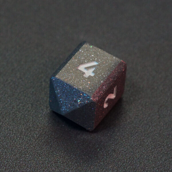 Collage of 7 lit Hematite Grey D4 in a crystal shape with a rainbow of colors across each face. Hematite Grey colorway is a fully opaque medium tone silver resin packed with rainbow glitter of various sizes. The numbers or symbols are painted pale white.