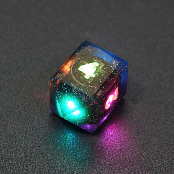 Collage of 7 lit Midnight Galaxy D4 in a crystal shape with a rainbow of colors across each face. Midnight Galaxy colorway is a mostly translucent dark smoke black resin base packed with rainbow glitter of various sizes. The numbers or symbols are painted pearl white.