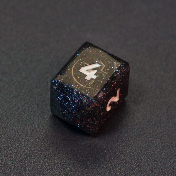 Collage of 7 lit Midnight Galaxy D4 in a crystal shape with a rainbow of colors across each face. Midnight Galaxy colorway is a mostly translucent dark smoke black resin base packed with rainbow glitter of various sizes. The numbers or symbols are painted pearl white.