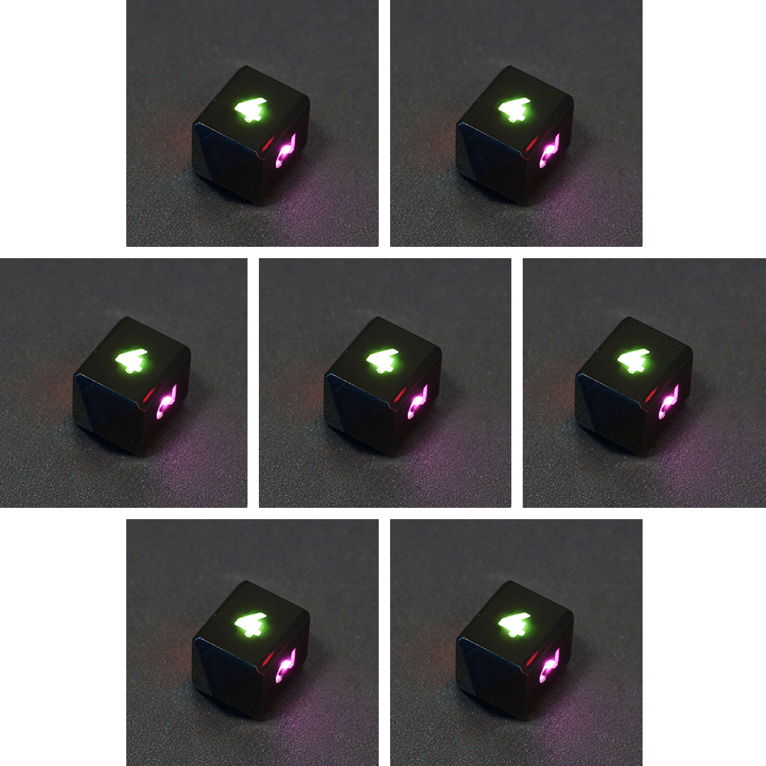 Collage of 7 lit Onyx Black D4 in a crystal shape with a rainbow of colors across each face. Onyx Black colorway is a fully opaque black with no glitter, creating an almost matte style. The numbers or symbols are pale white.
