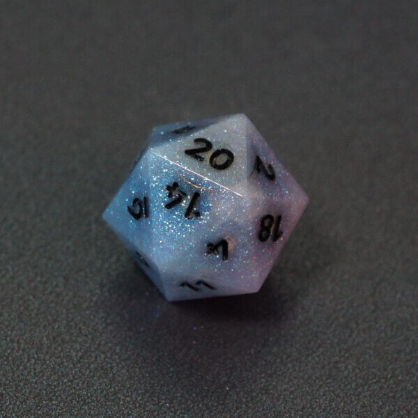 Collage of 7 lit Aurora Sky D20 with a rainbow of colors across each face. Aurora Sky colorway is a mostly translucent white resin base packed with small blue and silver glitter throughout. The numbers or symbols are painted metallic black.
