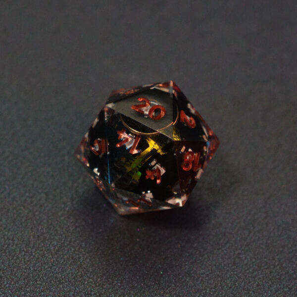 Collage of 7 lit Clear D20 with a rainbow of colors across each face. Clear colorway is fully transparent resin allowing internal circuit board to be visible. The numbers or symbols are painted metallic copper.