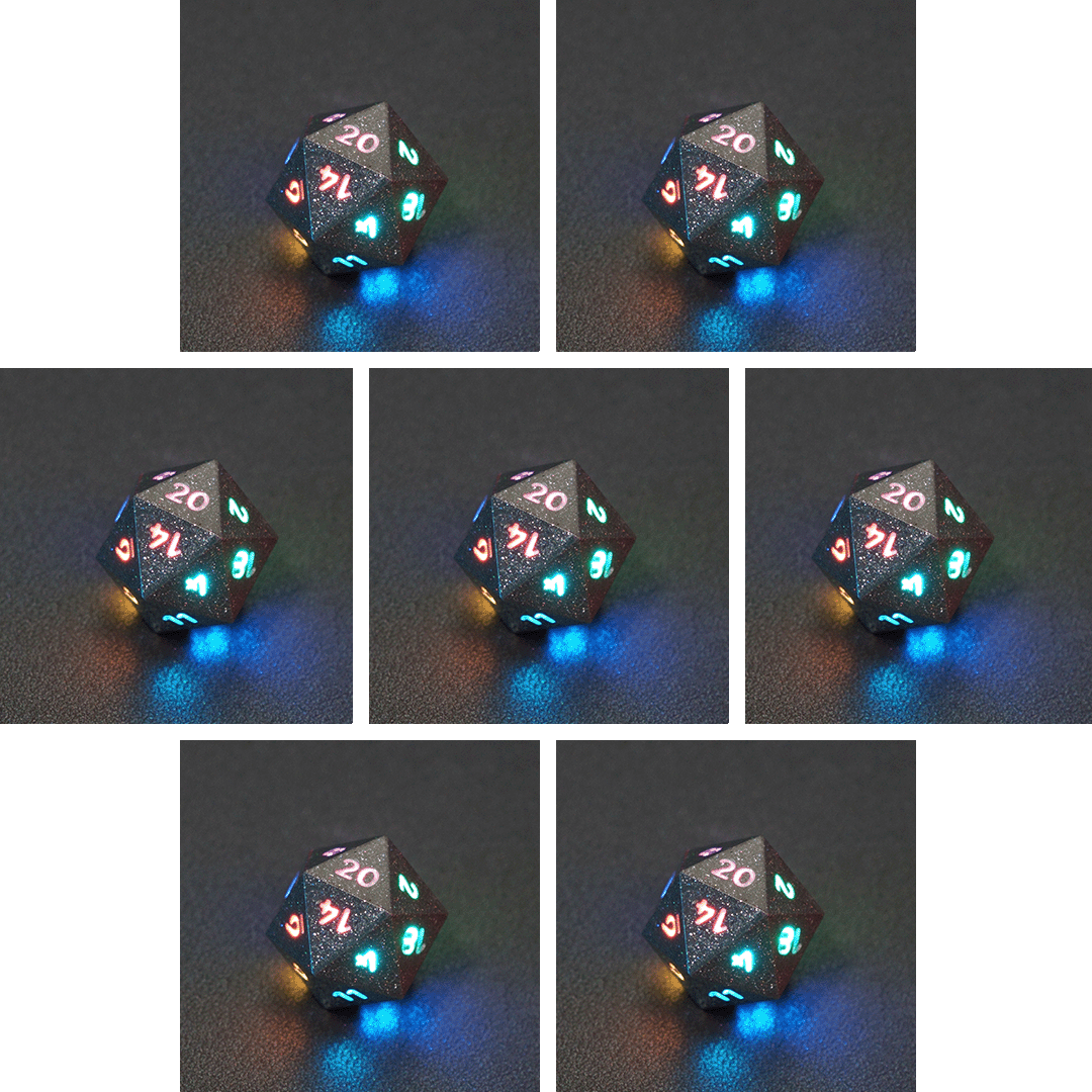 Collage of 7 lit Hematite Grey D20 with a rainbow of colors across each face. Hematite Grey colorway is a fully opaque medium tone silver resin packed with rainbow glitter of various sizes. The numbers or symbols are painted pale white.
