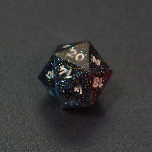 Collage of 7 lit Midnight Galaxy D20 with a rainbow of colors across each face. Midnight Galaxy colorway is a mostly translucent dark smoke black resin base packed with rainbow glitter of various sizes. The numbers or symbols are painted pearl white.