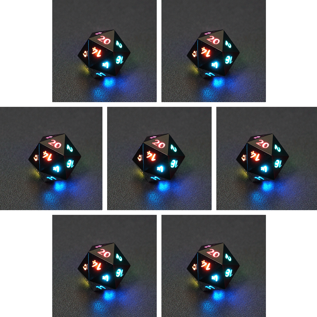 Collage of 7 lit Onyx Black D20 with a rainbow of colors across each face. Onyx Black colorway is a fully opaque black with no glitter, creating an almost matte style. The numbers or symbols are pale white.