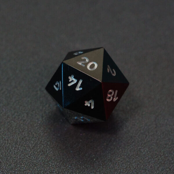 Collage of 7 lit Onyx Black D20 with a rainbow of colors across each face. Onyx Black colorway is a fully opaque black with no glitter, creating an almost matte style. The numbers or symbols are pale white.