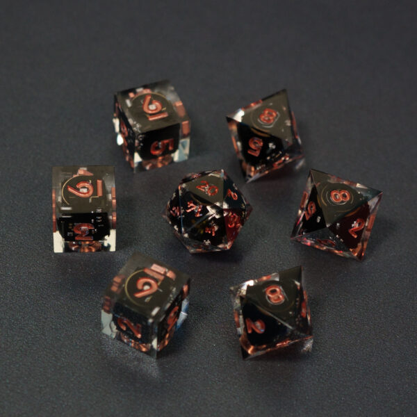 Set of 7 lit Clear dice with a rainbow of colors across all faces. Set Includes: 1 D20, 3 D8, 3 D6. Clear colorway is fully transparent resin allowing internal circuit board to be visible. The numbers or symbols are painted metallic copper.