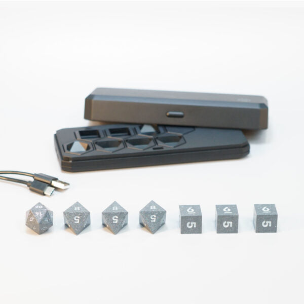 Set of 7 lit Hematite Grey dice with a rainbow of colors across all faces. Set Includes: 1 D20, 3 D8, 3 D6. Hematite Grey colorway is a fully opaque medium tone silver resin packed with rainbow glitter of various sizes. The numbers or symbols are painted pale white.