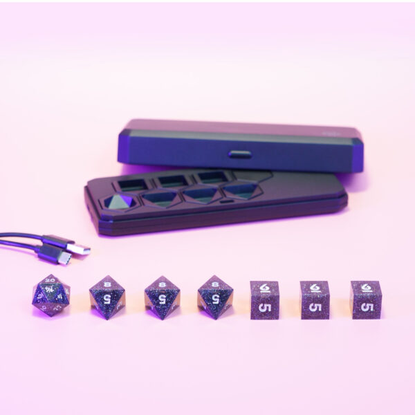 Set of 7 lit Midnight Galaxy dice with a rainbow of colors across all faces. Set Includes: 1 D20, 3 D8, 3 D6. Midnight Galaxy colorway is a mostly translucent dark smoke black resin base packed with rainbow glitter of various sizes. The numbers or symbols are painted pearl white.
