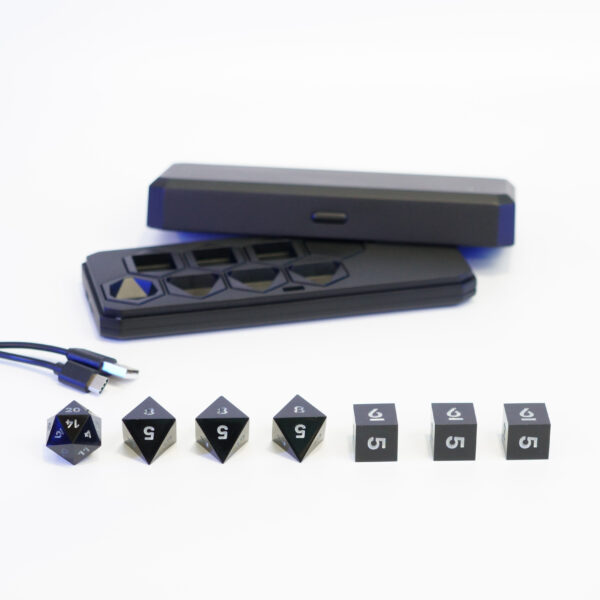 Set of 7 lit Onyx Black dice with a rainbow of colors across all faces. Set Includes: 1 D20, 3 D8, 3 D6. Onyx Black colorway is a fully opaque black resin with no glitter. The numbers or symbols are painted pale white.
