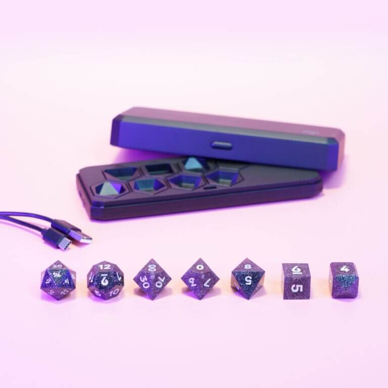 Set of 7 lit Midnight Galaxy dice with a rainbow of colors across all faces. Set Includes: 1 D20, 1 D12, 1 D00, 1 D10, 1 D8, 1 D6, 1 D4. Midnight Galaxy colorway is a mostly translucent dark smoke black resin base packed with rainbow glitter of various sizes. The numbers or symbols are painted pearl white.