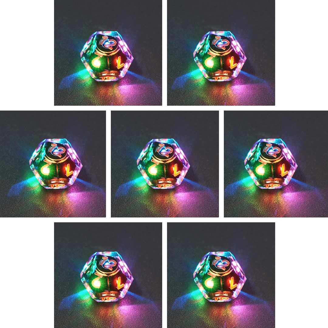 Collage of 7 lit Clear D12 with a rainbow of colors across each face. Clear colorway is fully transparent resin allowing internal circuit board to be visible. The numbers or symbols are painted metallic copper.
