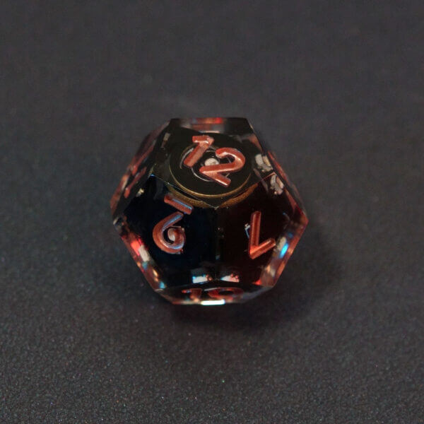Collage of 7 lit Clear D12 with a rainbow of colors across each face. Clear colorway is fully transparent resin allowing internal circuit board to be visible. The numbers or symbols are painted metallic copper.