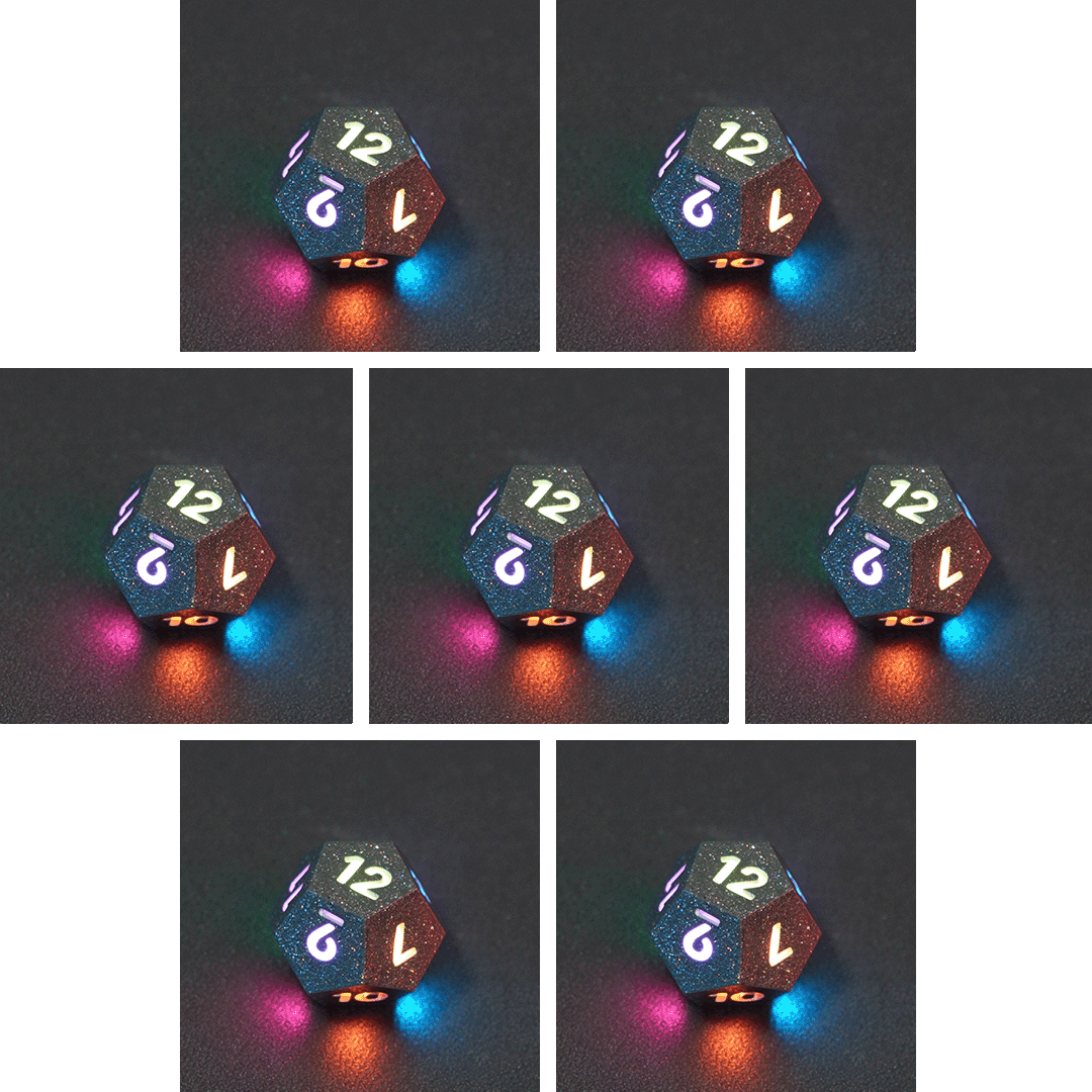 Collage of 7 lit Hematite Grey D12 with a rainbow of colors across each face. Hematite Grey colorway is a fully opaque medium tone silver resin packed with rainbow glitter of various sizes. The numbers or symbols are painted pale white.