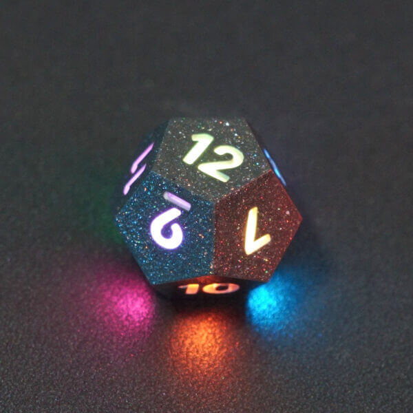 Collage of 7 lit Hematite Grey D12 with a rainbow of colors across each face. Hematite Grey colorway is a fully opaque medium tone silver resin packed with rainbow glitter of various sizes. The numbers or symbols are painted pale white.