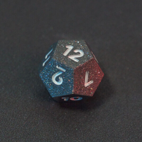 Collage of 7 lit Hematite Grey D12 with a rainbow of colors across each face. Hematite Grey colorway is a fully opaque medium tone silver resin packed with rainbow glitter of various sizes. The numbers or symbols are painted pale white.