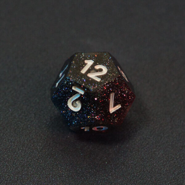 Collage of 7 lit Midnight Galaxy D12 with a rainbow of colors across each face. Midnight Galaxy colorway is a mostly translucent dark smoke black resin base packed with rainbow glitter of various sizes. The numbers or symbols are painted pearl white.