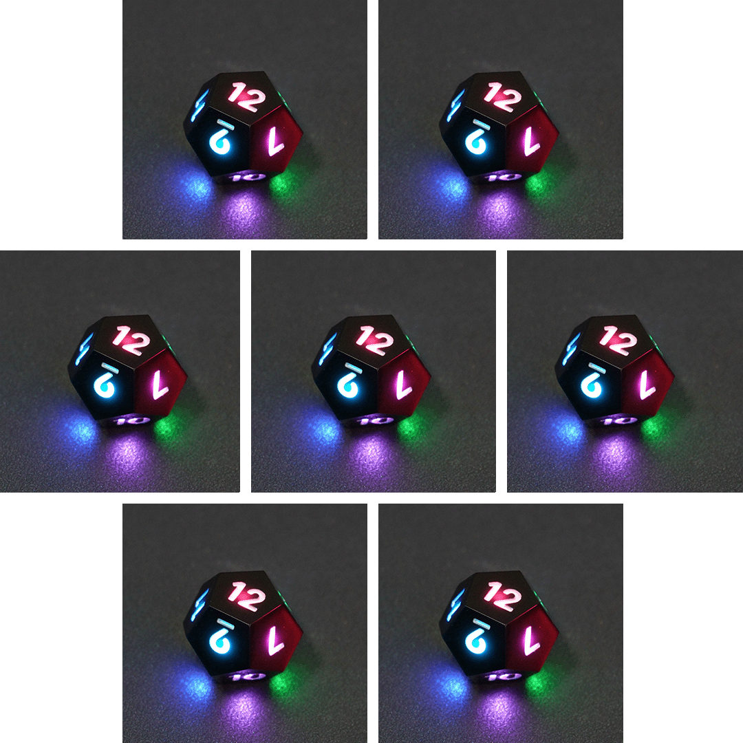 Collage of 7 lit Onyx Black D12 with a rainbow of colors across each face. Onyx Black colorway is a fully opaque black with no glitter, creating an almost matte style. The numbers or symbols are pale white.