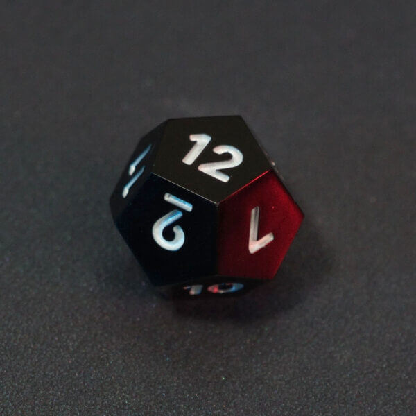 Collage of 7 lit Onyx Black D12 with a rainbow of colors across each face. Onyx Black colorway is a fully opaque black with no glitter, creating an almost matte style. The numbers or symbols are pale white.