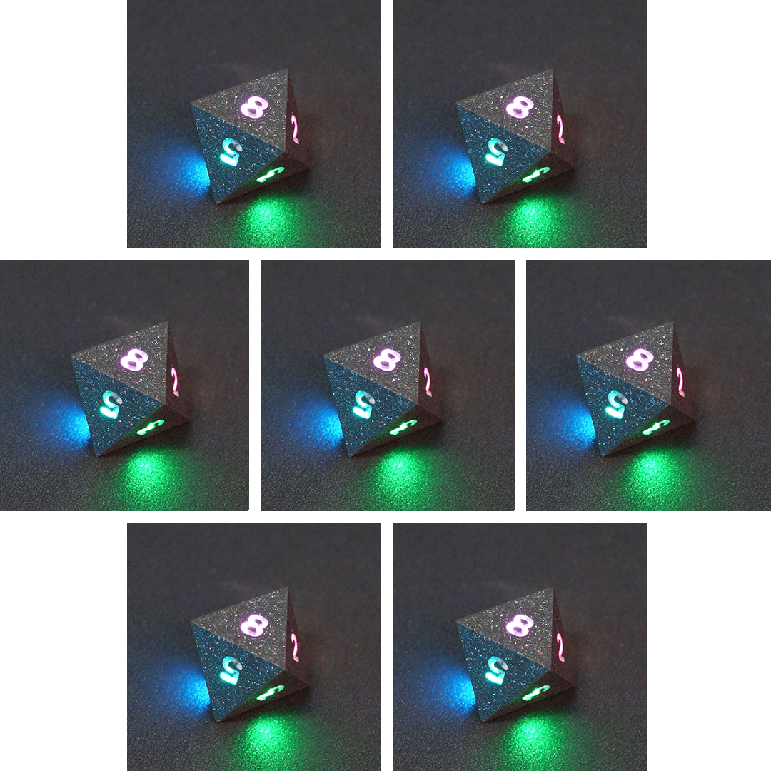Collage of 7 lit Hematite Grey D8 with a rainbow of colors across each face. Hematite Grey colorway is a fully opaque medium tone silver resin packed with rainbow glitter of various sizes. The numbers or symbols are painted pale white.
