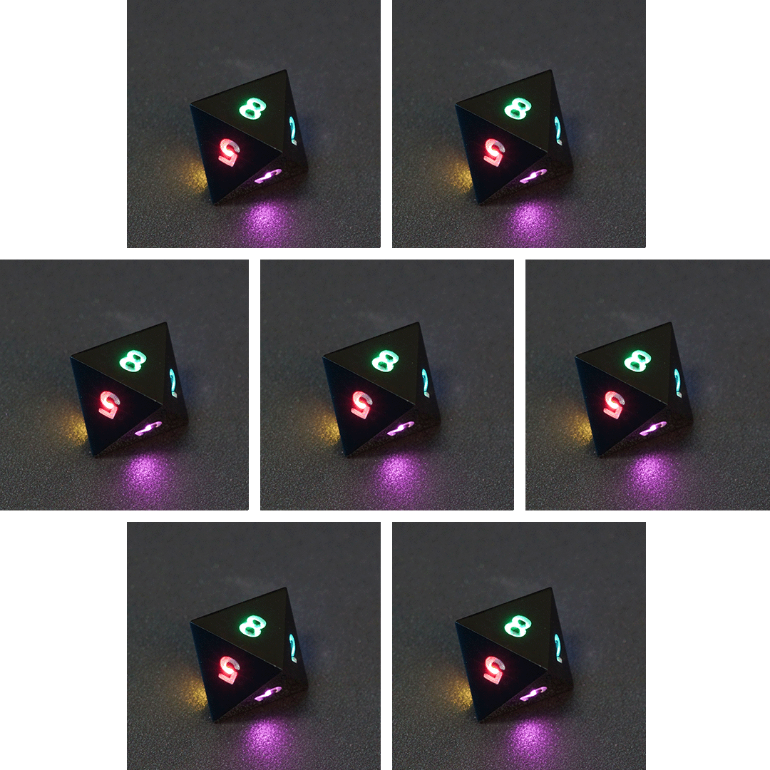 Collage of 7 lit Onyx Black D8 with a rainbow of colors across each face. Onyx Black colorway is a fully opaque black with no glitter, creating an almost matte style. The numbers or symbols are pale white.