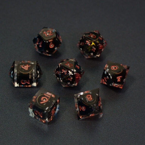 Set of 7 lit Clear dice with a rainbow of colors across all faces. Set Includes: 2 D20, 1 D12, 1 D10, 1 D8, 1 D6, 1 D4. Clear colorway is fully transparent resin allowing internal circuit board to be visible. The numbers or symbols are painted metallic copper.