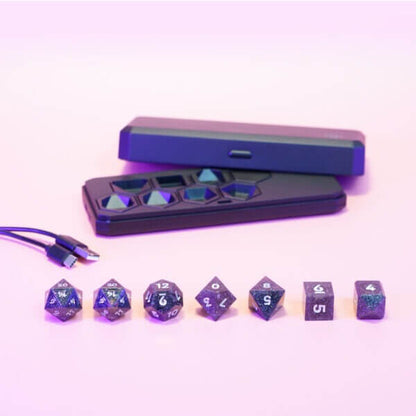 Set of 7 lit Midnight Galaxy dice with a rainbow of colors across all faces. Set Includes: 2 D20, 1 D12, 1 D10, 1 D8, 1 D6, 1 D4. Midnight Galaxy colorway is a mostly translucent dark smoke black resin base packed with rainbow glitter of various sizes. The numbers or symbols are painted pearl white.