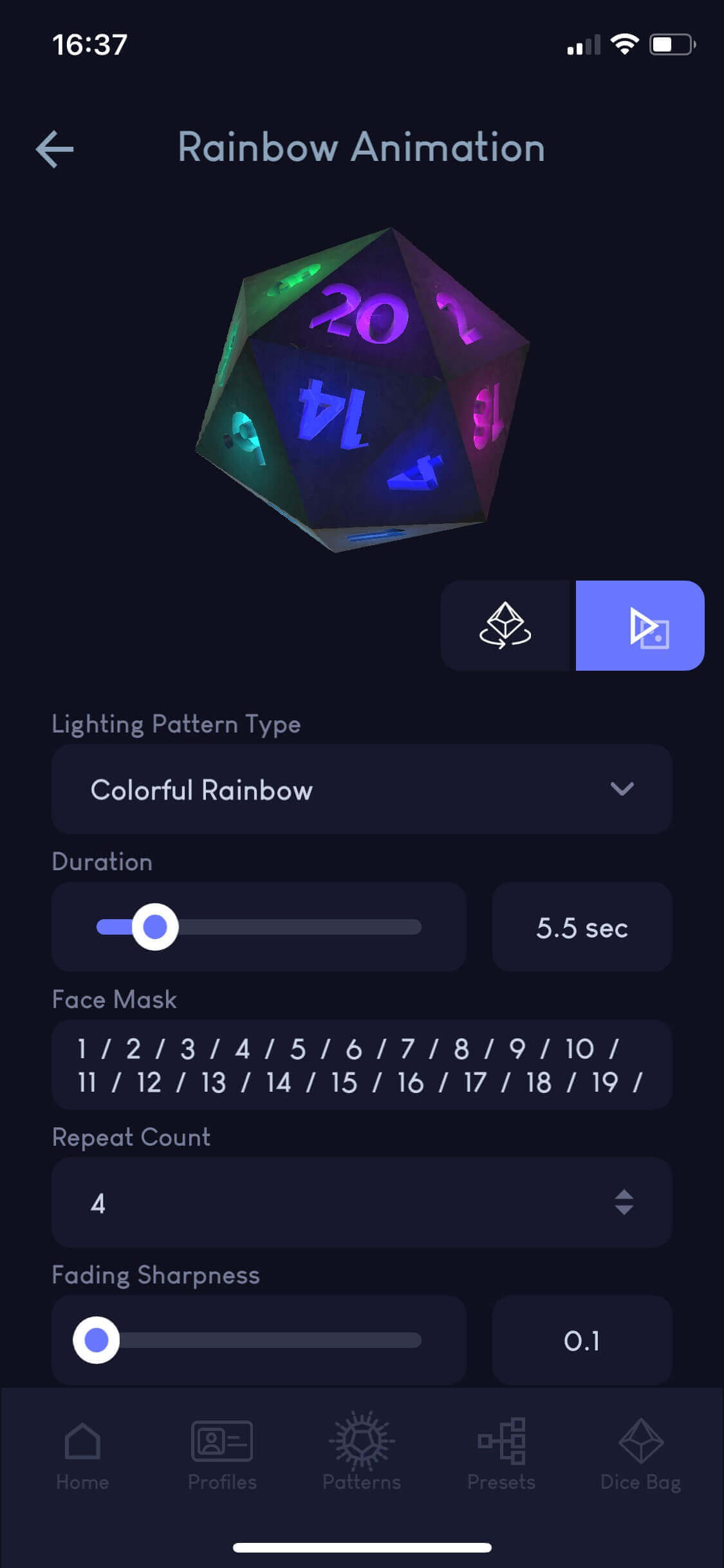 Screen shot of mobile app displaying editing a rainbow animation.