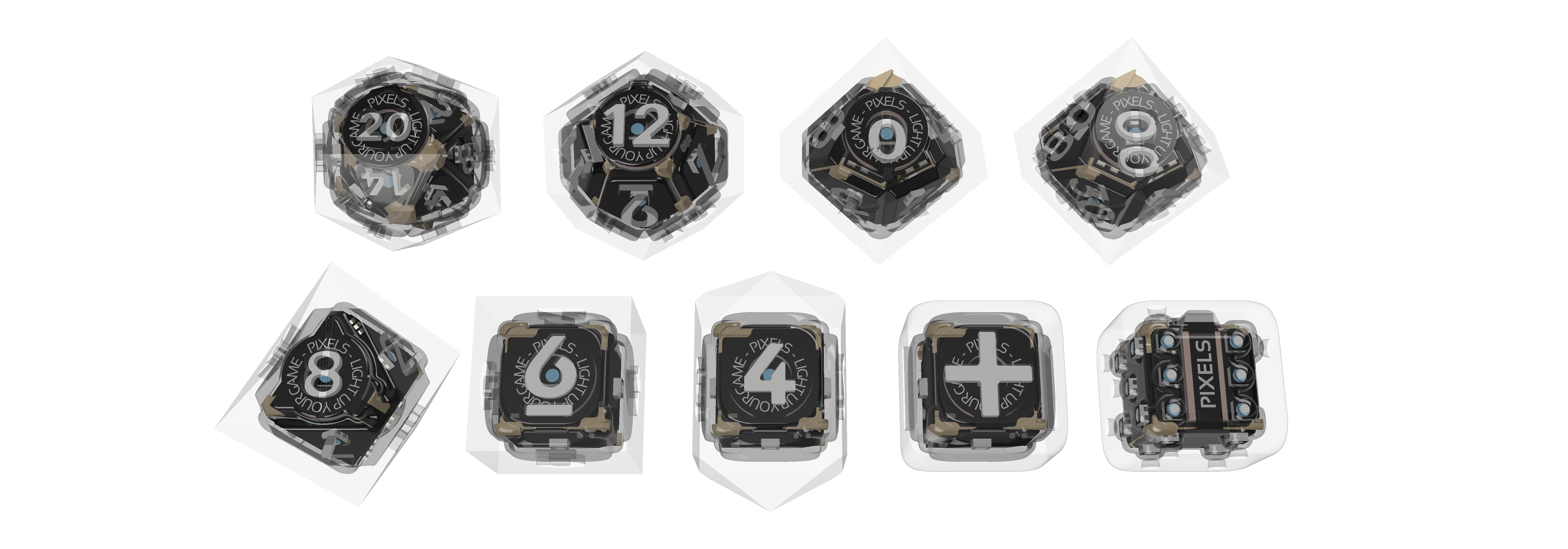 Render showing all nine dice types with a clear outer layer, black circuit board, and tan caddy.