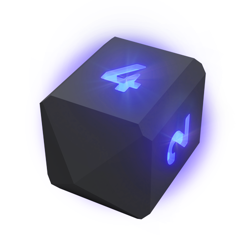 Render of gray d4 with dark blue bursts of light shining from the numbers of each face.