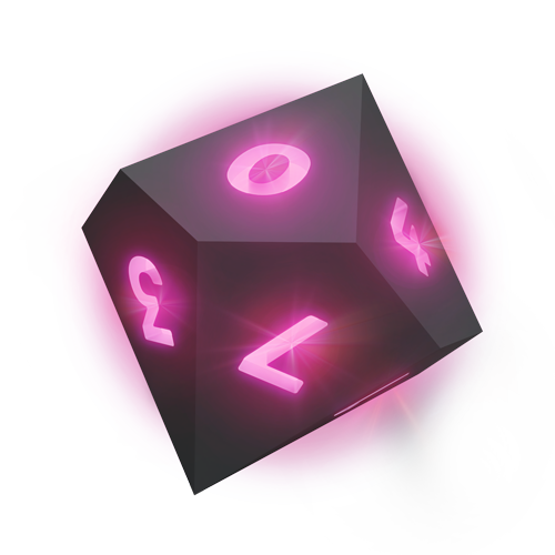 Render of gray d10 with pink bursts of light shining from the numbers of each face.