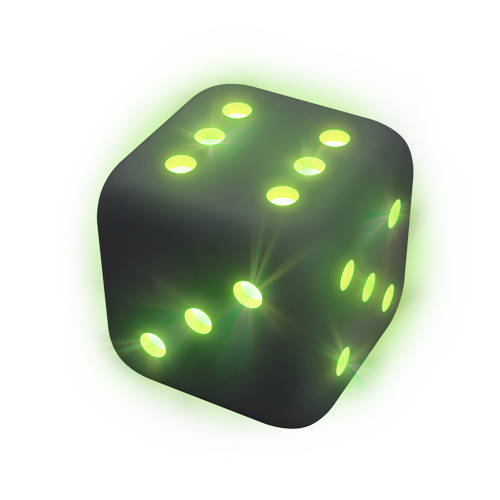 Render of gray pipped d6 with light green bursts of light shining from the numbers of each face.