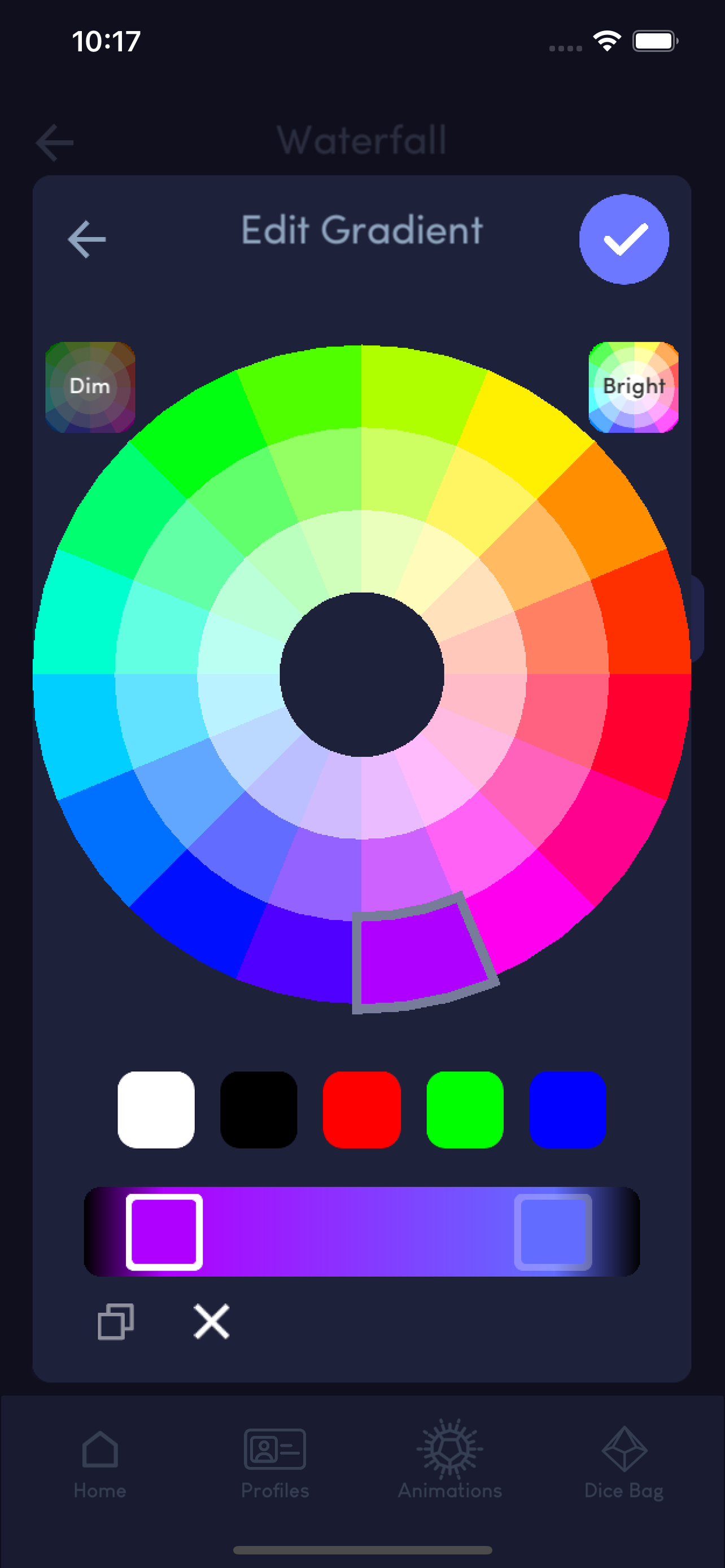Screen shot of Pixels mobile app showing editing a color gradient.
