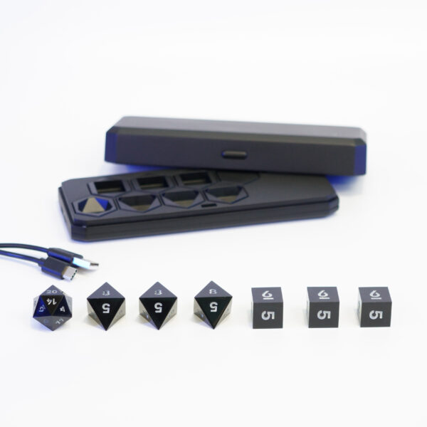 Unlit Onyx Black Power set lined up in front of a Large Charging Case and USB Cable.