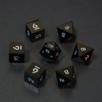 Set of 7 unlit Onyx Black dice. Set Includes: 1 D20, 3 D8, 3 D6. Onyx Black colorway is a fully opaque black resin with no glitter. The numbers or symbols are painted pale white.