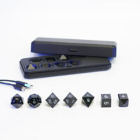 Unlit Onyx Black RPG set lined up in front of a Large Charging Case and USB Cable.