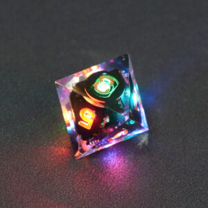 Lit Clear D8 with a rainbow of colors across each face. Clear colorway is fully transparent resin allowing internal circuit board to be visible. The numbers or symbols are painted metallic copper.
