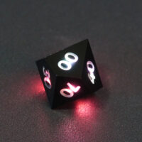 Lit Onyx Black D00 with red colors across each face. Onyx Black colorway is a fully opaque black resin with no glitter. The numbers or symbols are painted pale white.