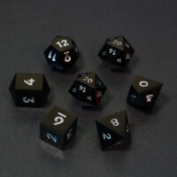Set of 7 unlit Onyx Black dice. Set Includes: 2 D20, 1 D12, 1 D10, 1 D8, 1 D6, 1 D4. Onyx Black colorway is a fully opaque black resin with no glitter. The numbers or symbols are painted pale white.