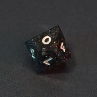 Unlit Midnight Galaxy D10. Midnight Galaxy colorway is a mostly translucent dark smoke black resin base packed with rainbow glitter of various sizes. The numbers or symbols are painted pearl white.