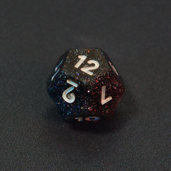 Unlit Midnight Galaxy D12. Midnight Galaxy colorway is a mostly translucent dark smoke black resin base packed with rainbow glitter of various sizes. The numbers or symbols are painted pearl white.