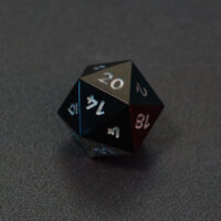 Unlit Onyx Black D20. Onyx Black colorway is a fully opaque black resin with no glitter. The numbers or symbols are painted pale white.