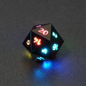 Lit Onyx Black D20 with a rainbow of colors across each face. Onyx Black colorway is a fully opaque black resin with no glitter. The numbers or symbols are painted pale white.